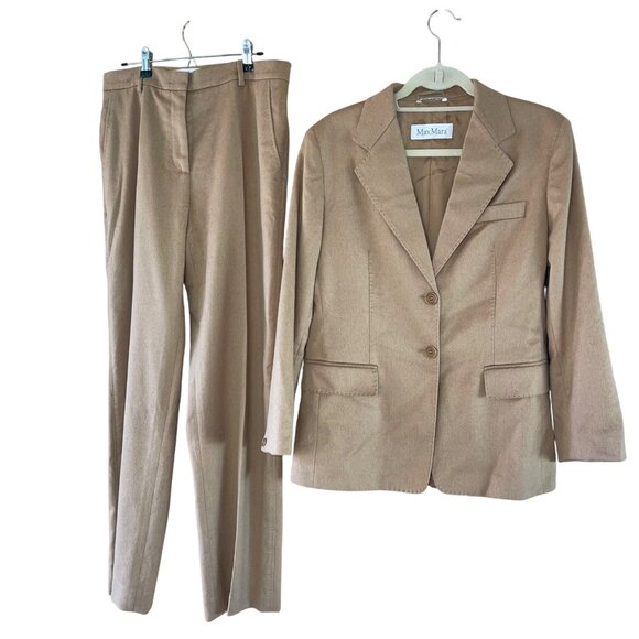 Max Mara Womens 100% Camel Hair Pant Suit Size 12 Corda Relaxed Classic - Picture 1 of 16